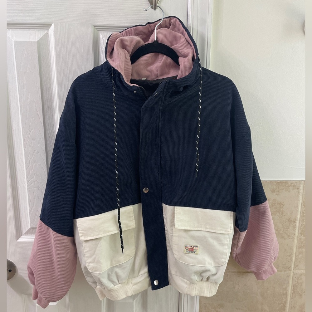 Multicolored corduroy styled button down hoodie jacket